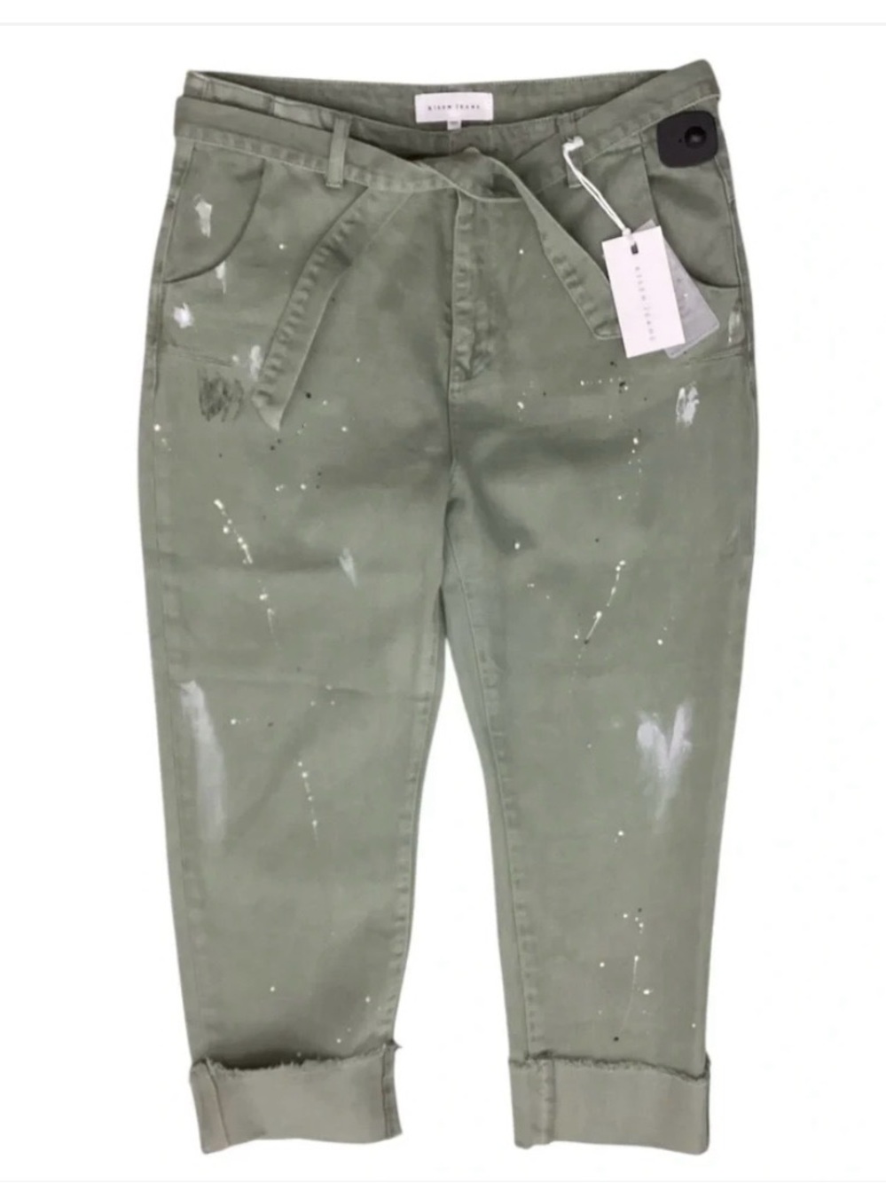 Risen- Boyfriend Jeans in Olive with Paint-Splatter- NWT- Size 29/9.